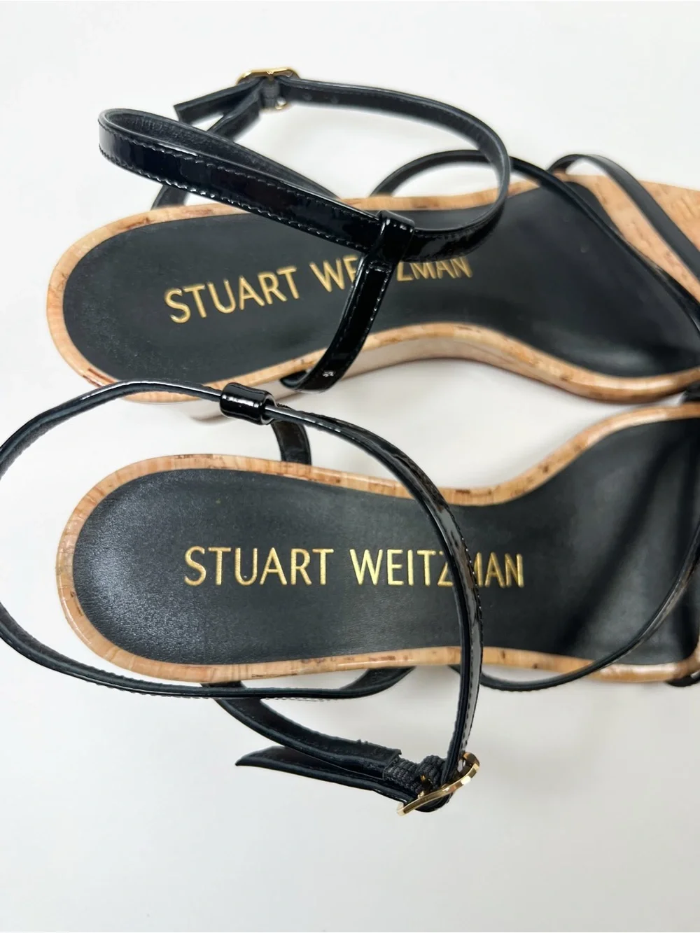 Stuart Weitzman Oasis 50 Wedge Sandal Black Patent Leather Cork size 6.5B